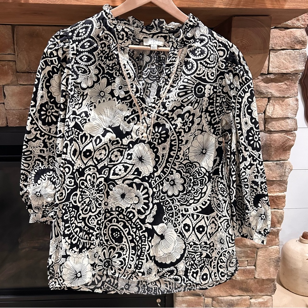Umgee Floral Black and Cream Women's Boho Blouse Top Size L‎